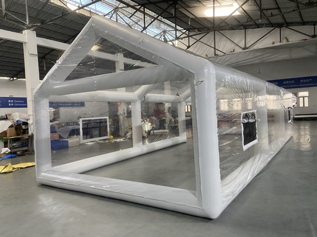 Finished inflatable pool dome undergoing quality test at factory