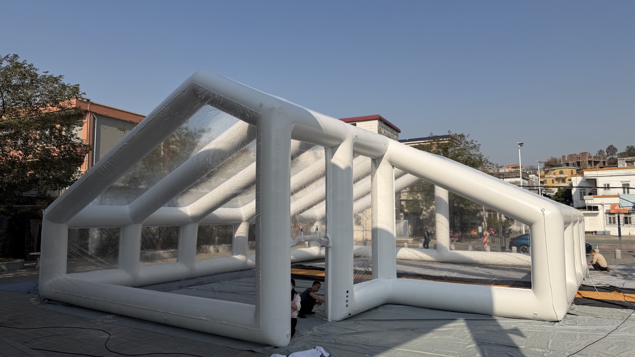 Final installation of transparent inflatable pool tent