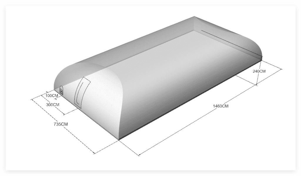 3D technical drawing of an inflatable pool dome, displaying precise dimensions (length, width, height) for a custom-fit swimming pool enclosure.