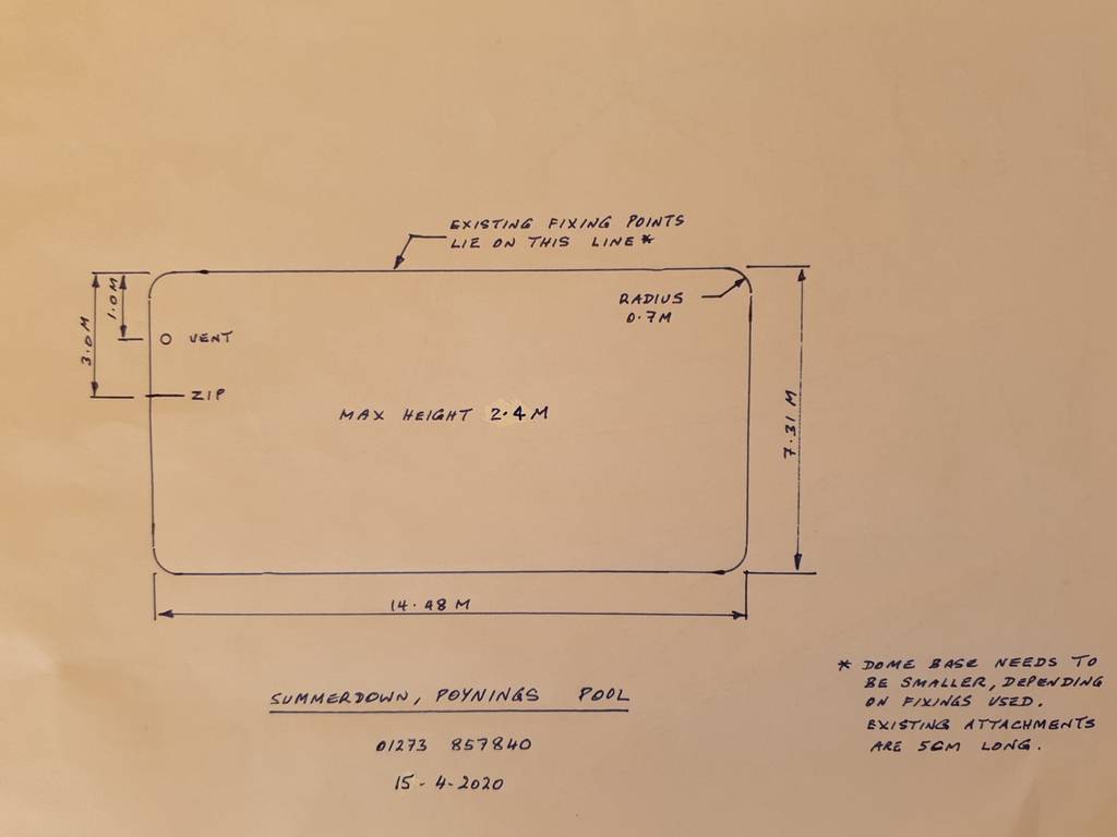 Hand-drawn technical sketch of an inflatable pool dome, with detailed dimensions and design specifications for a custom swimming pool enclosure.