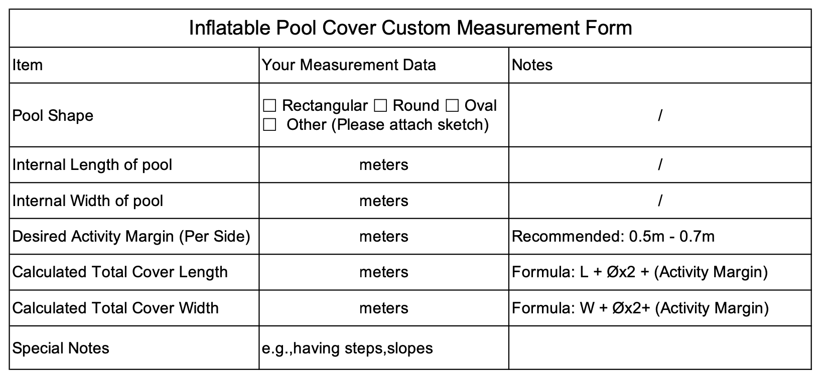 Technical data recording sheet for pool tent customization