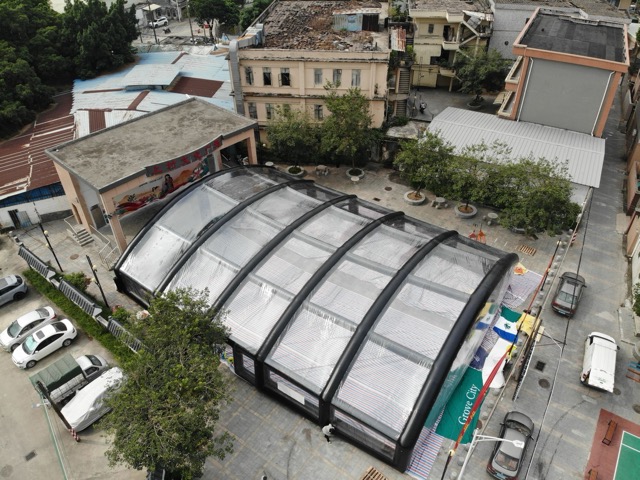 Black inflatable football tent main view